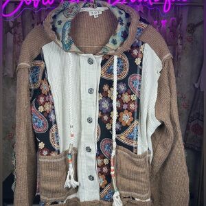 NWOT POL Floral Print Long Sleeve Button Up Hoodie Jacket BohO Patchwork Hooded